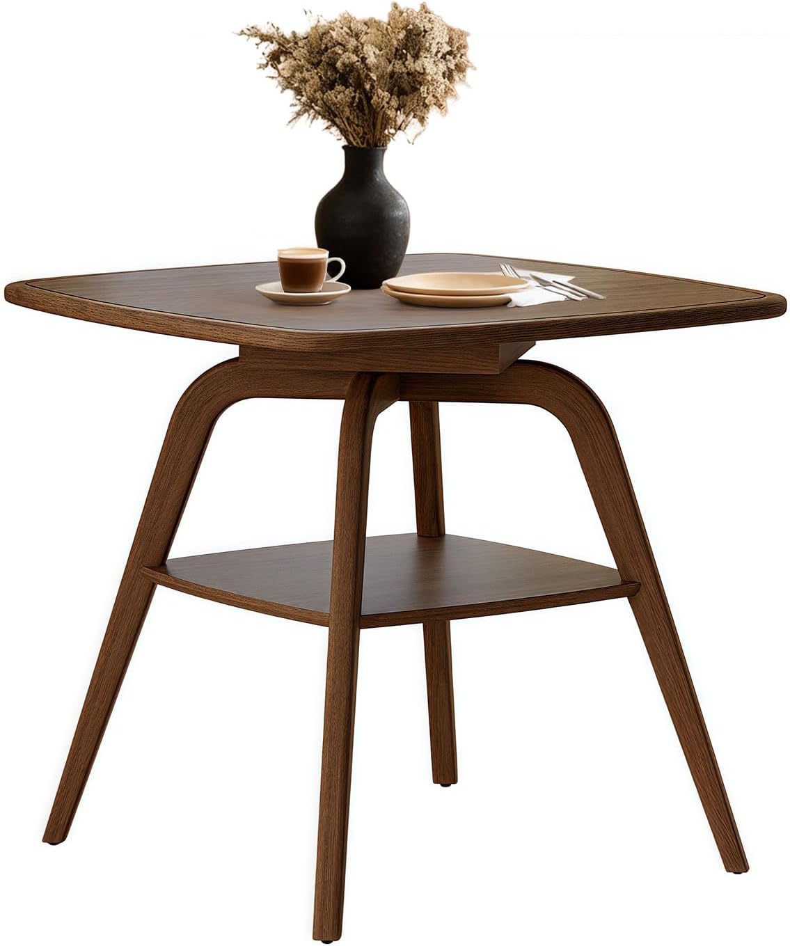 LKTART Small Dinner Table for 2, 29.5" Long Square Solid Wood Dining Table with Solid Wood Frame & Veneer Top, Compact Design with Shelf for Dinner Kitchen, Walnut