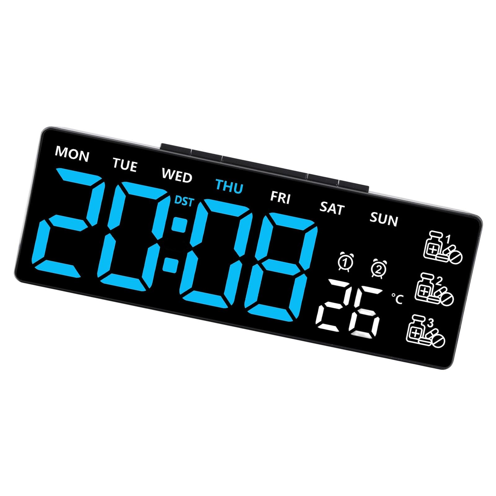 Tfaoys Black Shell Blue Lig Alarm Clock For Bedroom Led Digital Clock Desk Alarms Clocks With Day Of Week, Indoor Temperature For Living Room Decors Alarm Clocks For Bedroom