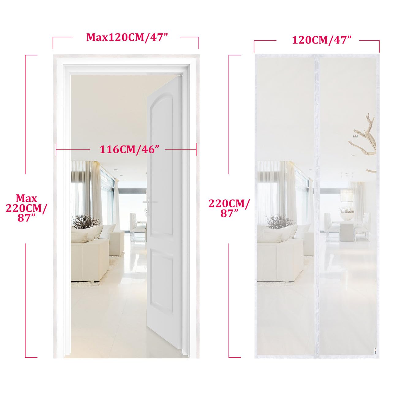 HOOMEE Zanzariera per Porta, 120x220 CM-Tenda Magnetica per Porte Finestre e Patio, Magneti Potenti per una Perfetta Chiusura Automatica, Installazione Facile senza Foratura (Bianco)