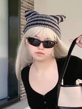 QOOEQPQY Handmade Gothic Knitted Devil Hat – Cat Ear Striped Beanie, Coffee/Brown, One Size Fits Most, Y2K Style