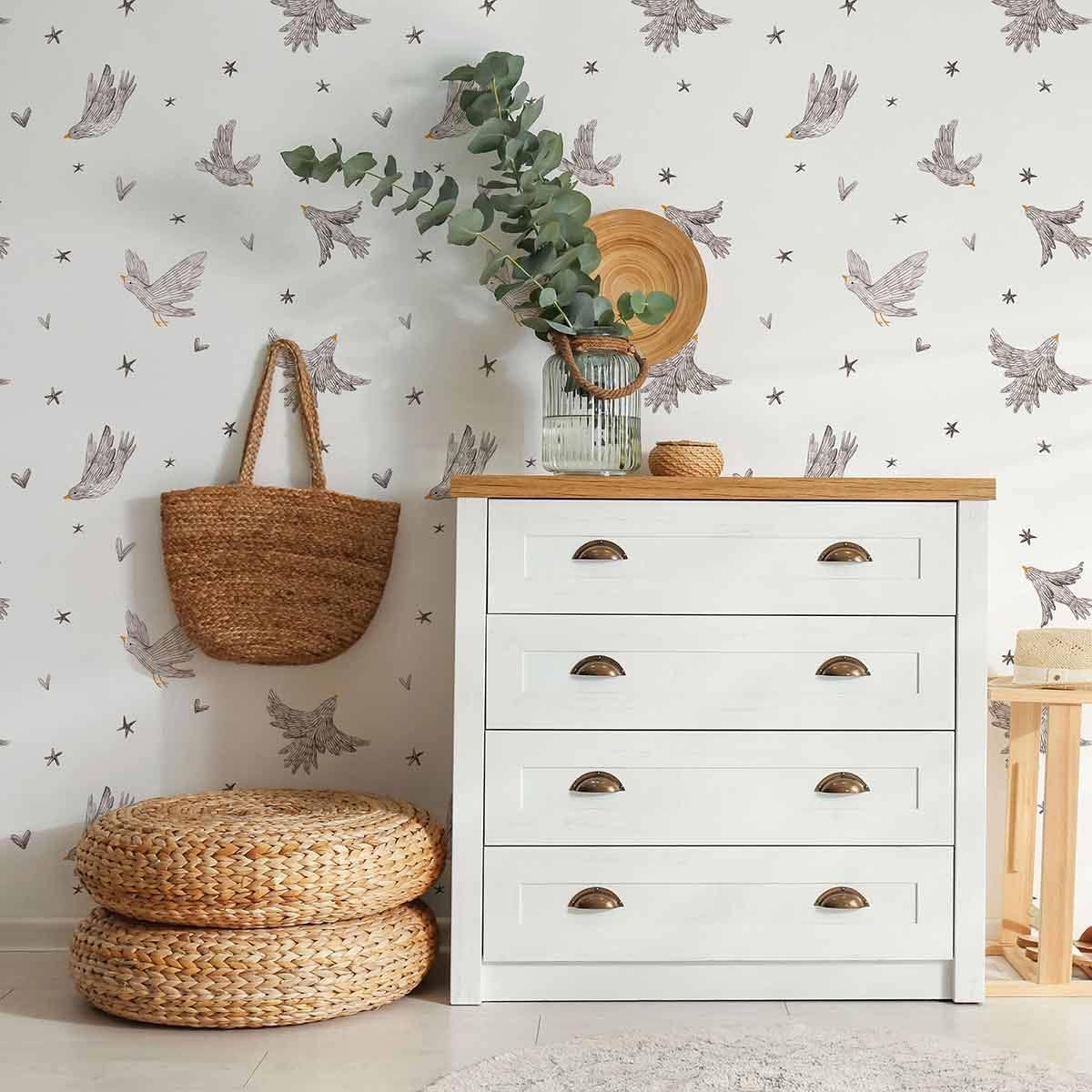 Walls By Me Grey Bird Peel and Stick Removable Wallpaper 8552