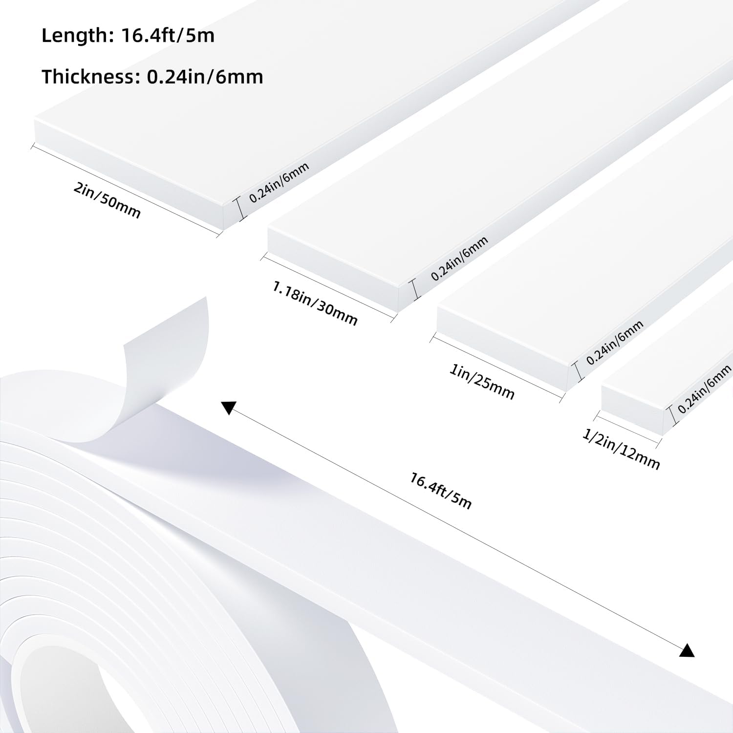 Weather Stripping Door Seal White,1Inch Wide X 1/4 Inch Thick,Air Conditioner Window Seal,Self Adhesive Foam Tape High Density Foam Sealing Strip,Door Soundproof Tape Roll,Total 16.4 Feet Long