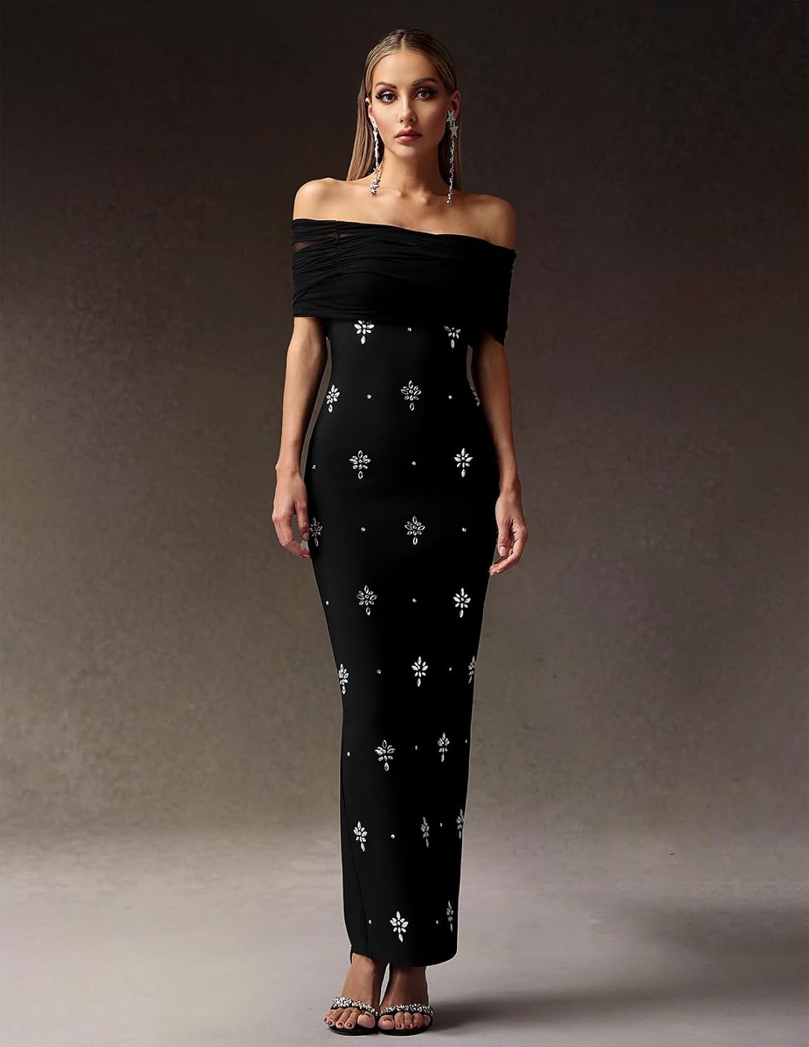 BELLA BARNETT Black Ruched Mesh Off The Shoulder Bodycon Bandage Dress Maxi Party Evening Cocktail Dress