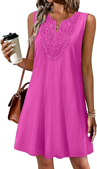 Womens Cotton Linen Dress Casual Summer 2026 Boho Embroidered Sleeveless Shirt Dresses Plus Size Flowy Sun Dresses