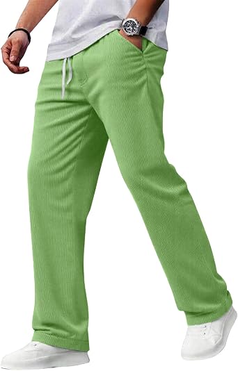 Mens Corduroy Casual Pants Loose Fit Baggy Solid Pants Straight Sweatpants Elastic Waist Drawstring with Pockets