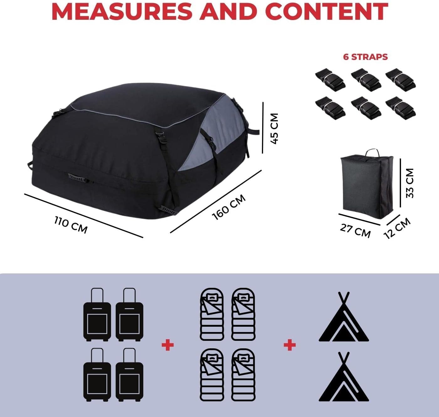 Coffres de Toit de Voiture (792 litres) Étanche en Oxford 600 + Intérieur en PVC, Flexible avec 6 Sangles pour Installation dans des Voitures avec ou sans Galerie de Toit. (160x110x45cm)