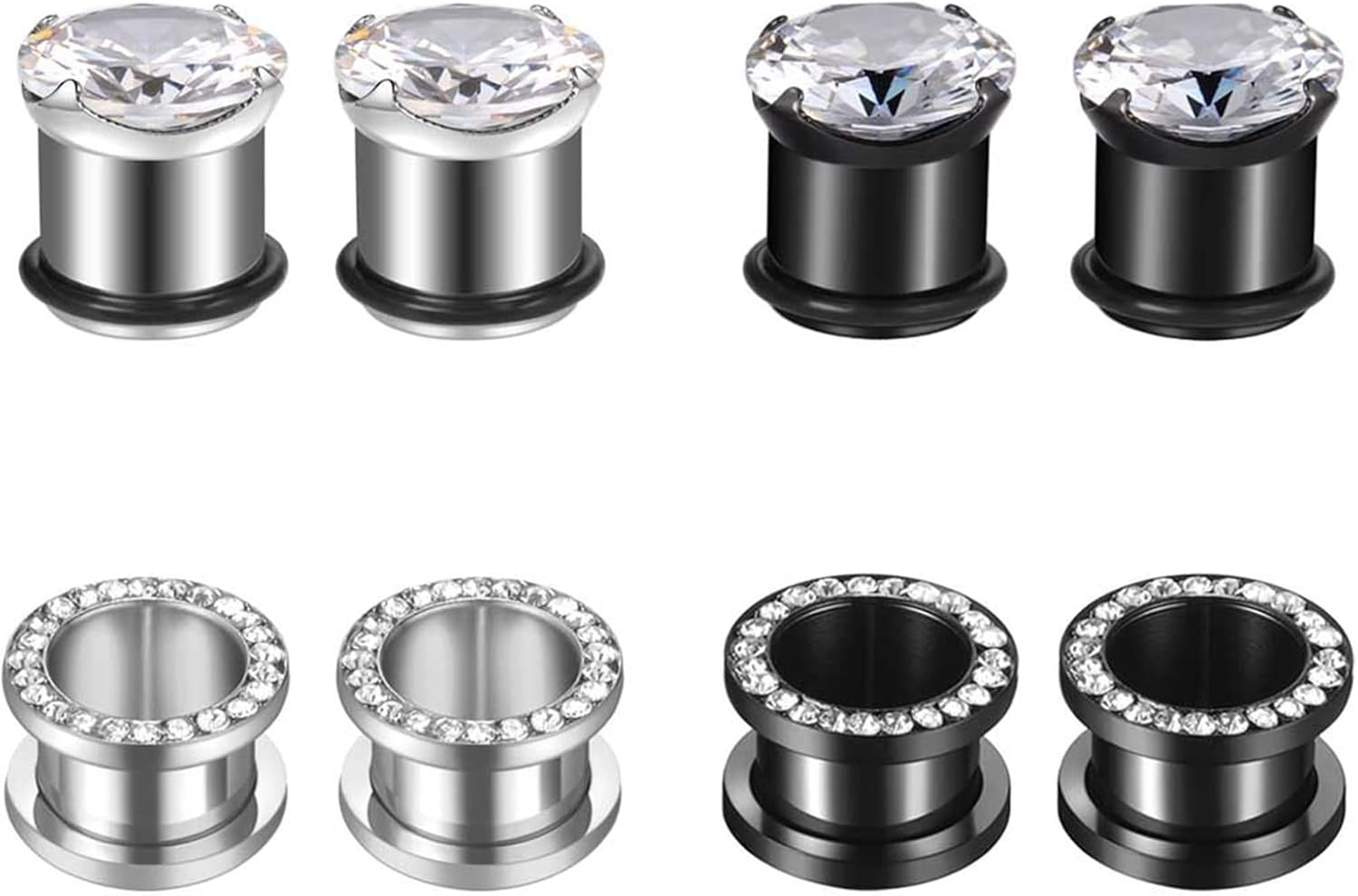 Stainless Steel Gauges for Ears, Pierced Earrings for Women Multipack 8PCS Silver Black Hoop with Cubic Zirconia