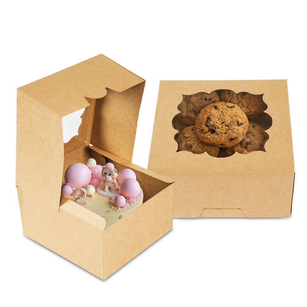 BAKEFY� 10x10x5 Kraft Box 5 PCS Brown Cake Boxes with Window Kraft Bakery Box for Pastries, Cookies, Pie, Cupcakes