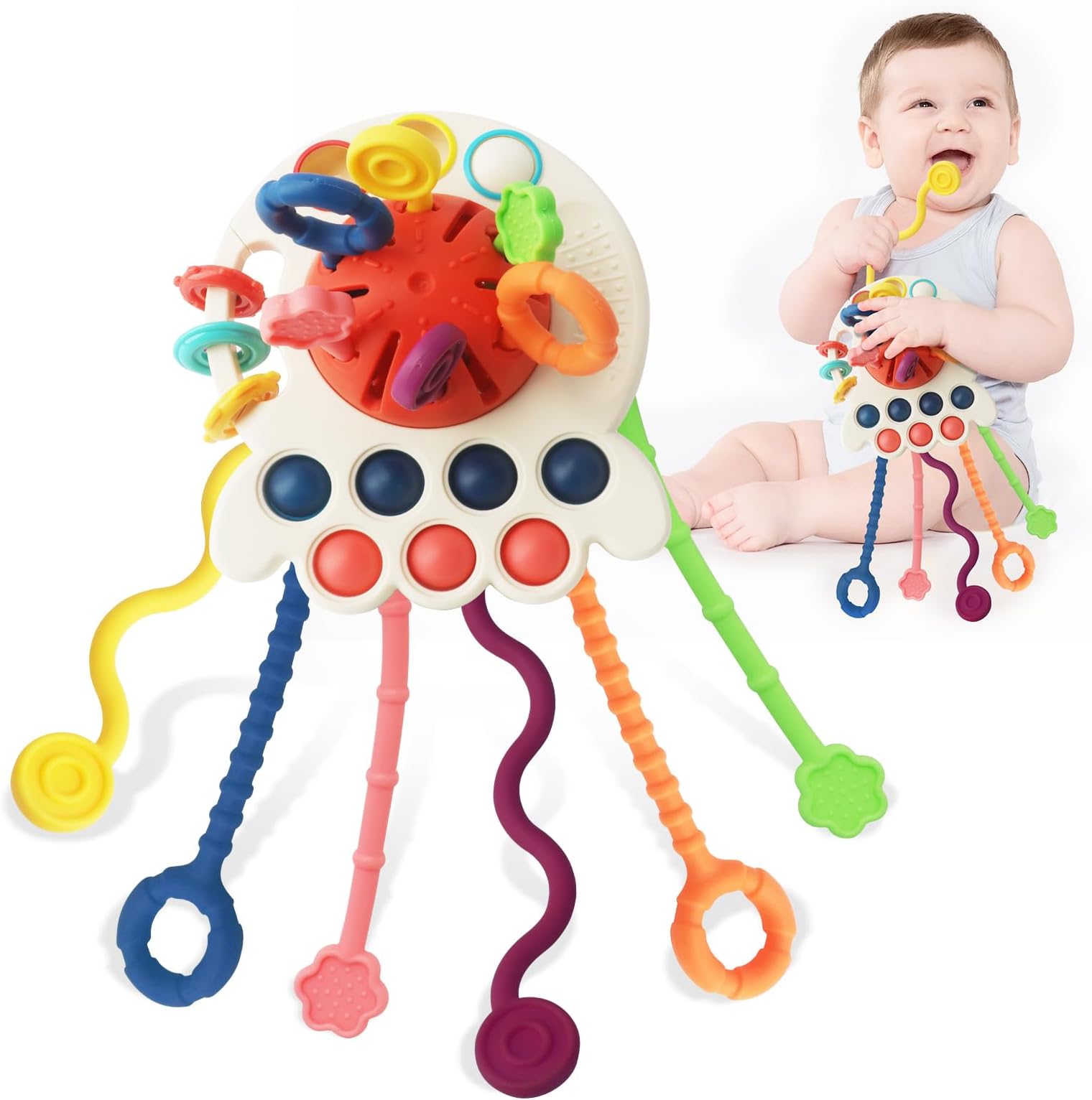 Baby Toys 6 to 12 Months, Baby Montessori Toys Baby Sensory Toys for Babies Soft Silicone Pull String Toys Educational Baby Toys Travel Toys Gift for Baby Boy Girl 3 6 9 12 18 M+