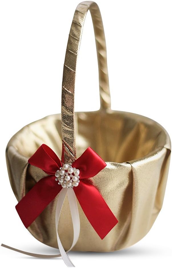 Gold & RED Wedding Ring Bearer Pillow and Flower Girl Basket Set – Satin & Ribbons – Pairs Well with Most Dresses & Themes – Splendour Every Wedding Deserves
