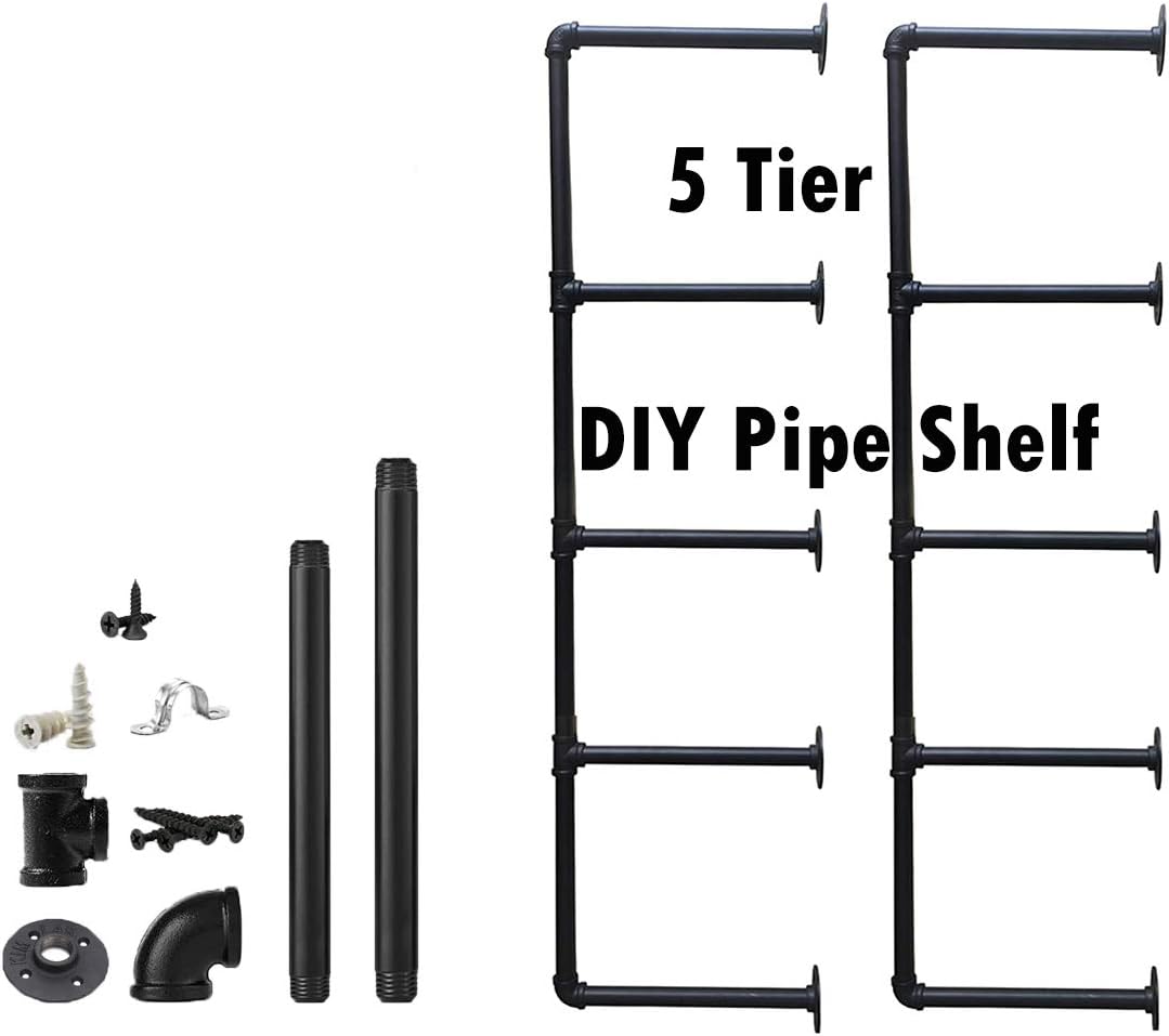 Industrial Wall Mount Iron Pipe Shelf Shelves Shelving Bracket Vintage Retro Hung Black DIY Open Bookshelf Racks Storage for offcie Room Kitchen (2PcsX5Tier,56" Tall,12" deep,Hardware Only)