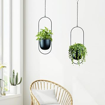Modern Metal Hanging Planters with 6 Inch Pots and Sturdy Rods - Set of 2 Oval Geometric Plant Hangers - Black Wall and Ceiling Mount Flower Holders for Indoor and Houseplants