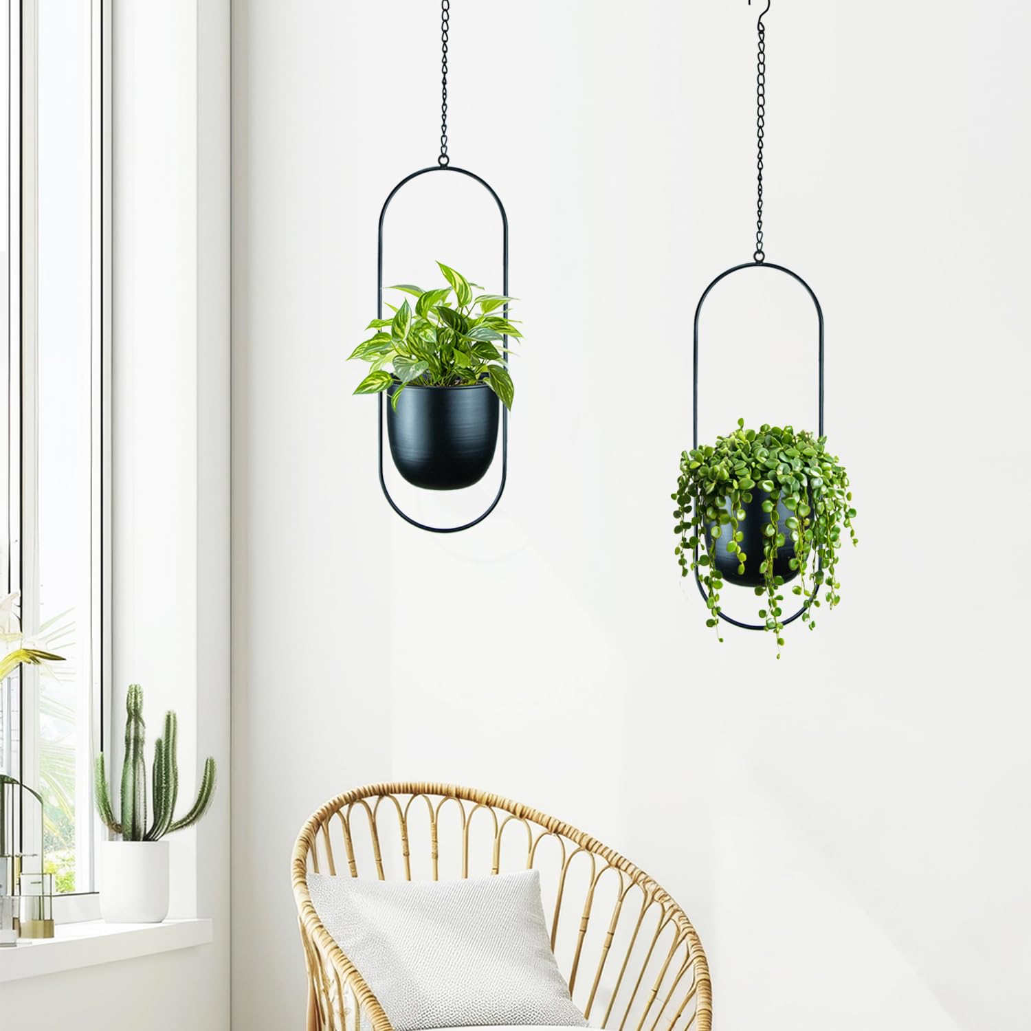 Metall-Pflanzgefäße zum Aufhängen, 2 Stück, schwarz, oval, geometrisch, Pflanzenhänger mit Topf, moderner Wand- und Decken-Pflanzgefäß für Innen- und Außenbereich, 15.2 cm Topf, 2 Stück