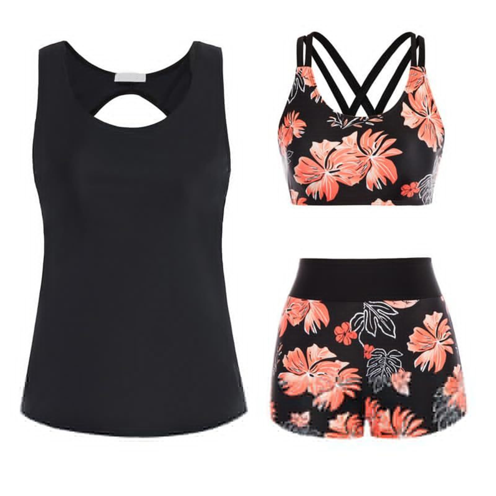 CAZSTYK Push Up Swimsuits 3 Pcs Split Bathing Suit Flowers Print Swimwear Female Tankini Swimsuit for Beachwear Women Tankini Swimsuit