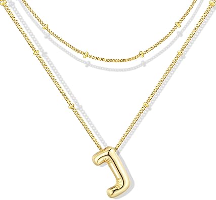 Initial Necklaces for Women, 14K Personalized Bubble Letter Necklace Gold A-Z Initial Pendant