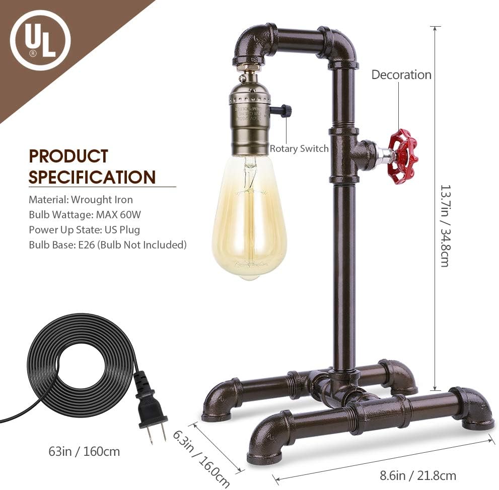 JS NOVA JUNS Edison Desk Lamp, Industrial Table Lamp, Steampunk Wrought Iron Pipe Lamp for Nightstand, Dressers, Coffee Table, Study Desk in Bedroom College Dorm