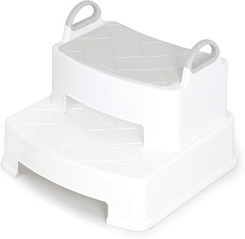 iFAM Herringbone Handle Step Stool for Toddlers, White/Dark Gray, 2 Steps for Toilet Training, Safety Step Stool in Bathroom Double White