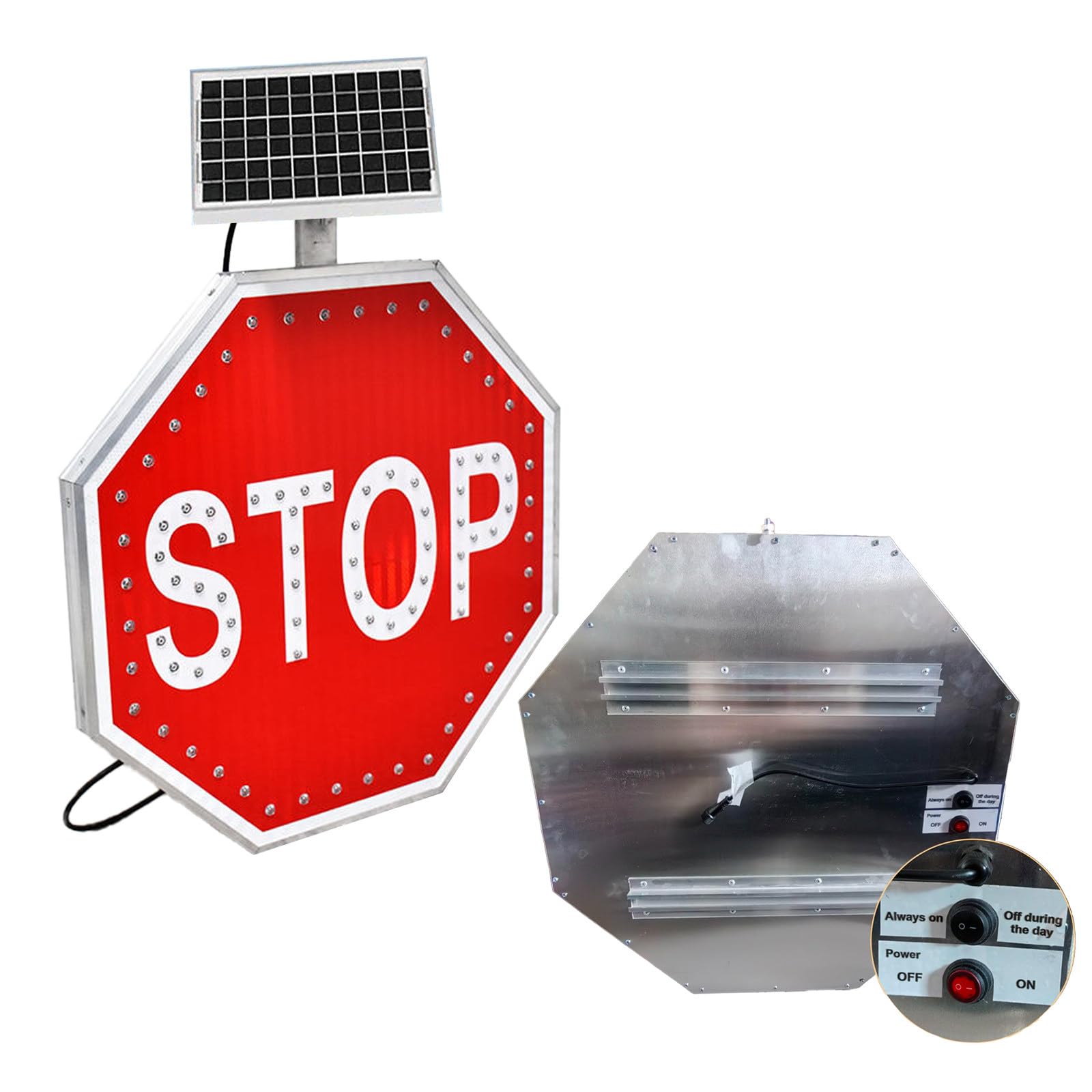 Señal de parada solar de 24 x 24 pulgadas, LED intermitente, aluminio inoxidable, reflectante de grado de ingeniero, resistente a la intemperie, señal de seguridad de 30 pulgadas para control de