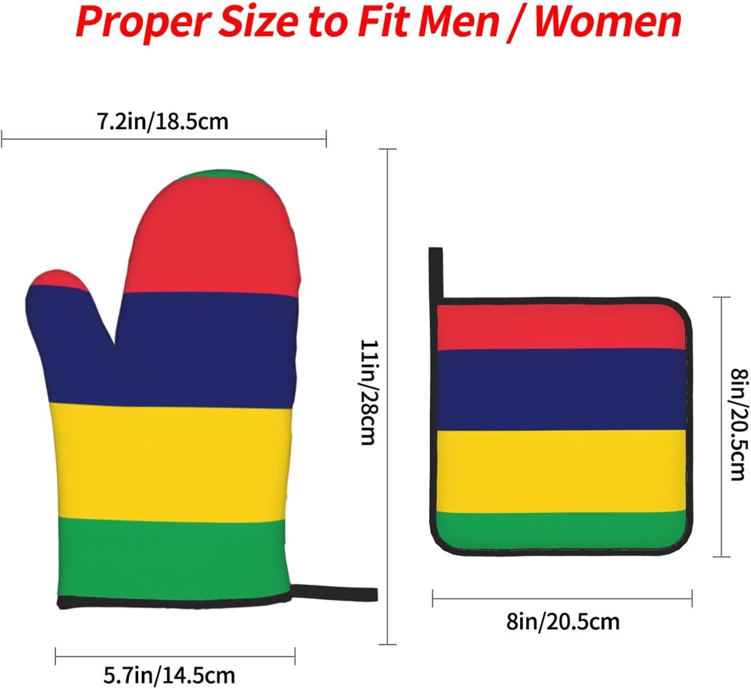 Flag of Mauritius Oven gloves and heat-resistant mat 4-piece set. Suitable for grilling, microwave oven frying, and baking