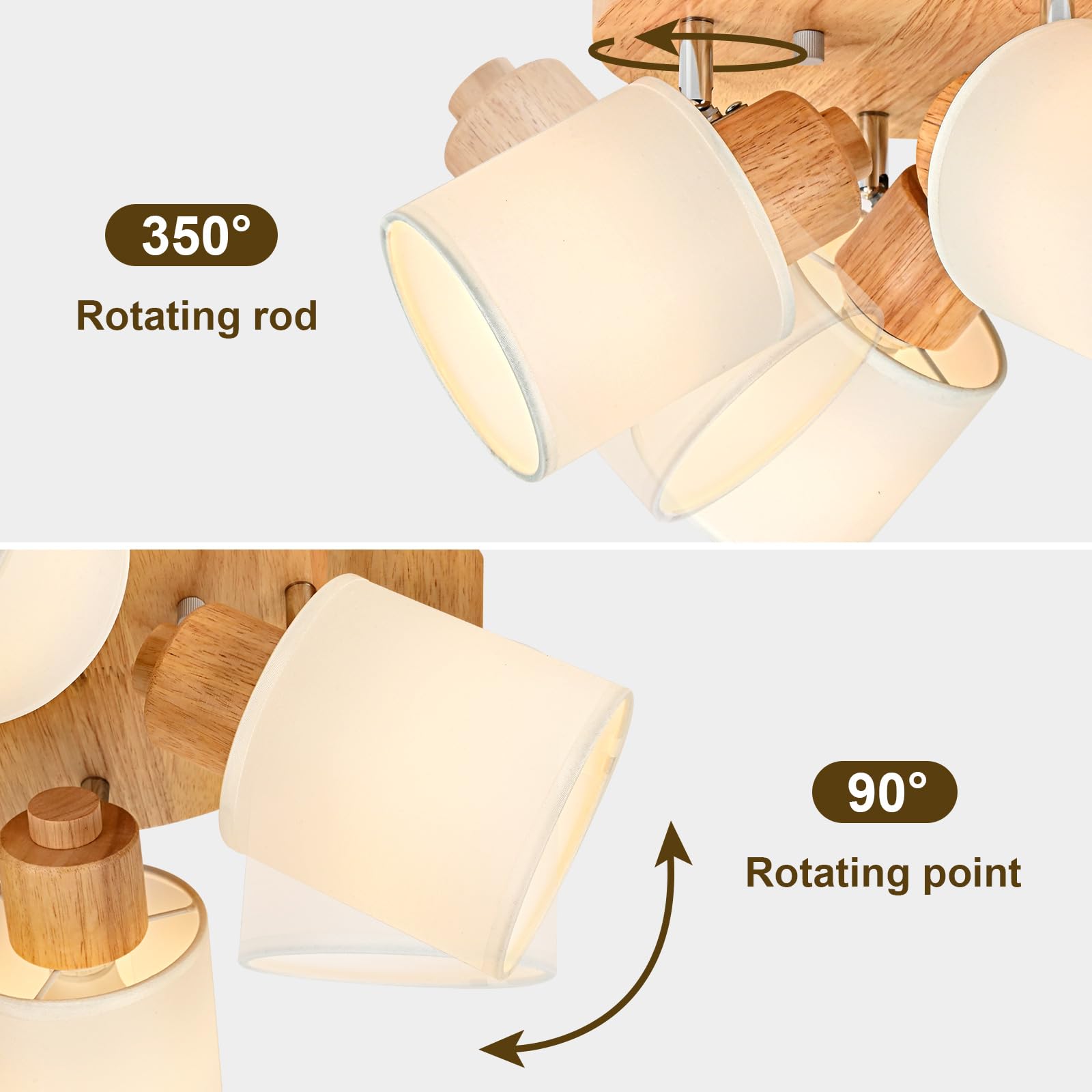 Plafoniera Lampada da Soffitto 4 Faretti Rotonda Orientabili, Legno Faretti da Soffitto Faretto da Parete Vintage Plafoniera 4 Luce E14 per Soggiorno Cucina Cameretta, Lampadina Non Inclusa