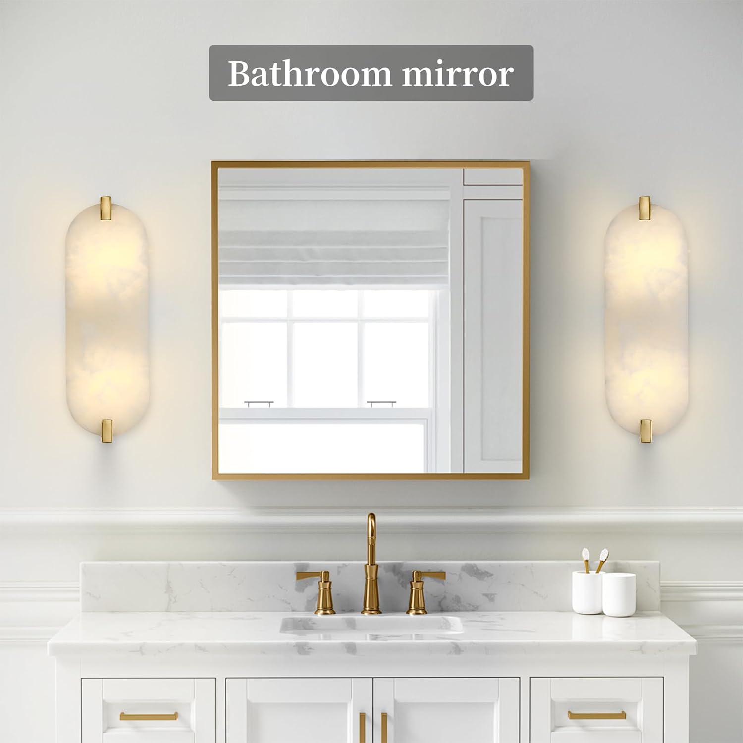 15.7" Natural Oval Alabaster Marble Modern Concise 2 Pack 2 Light Wall Sconce Fixture,Gold Finish for Bathroom Bedroom Hallway Bedside Staircase Vanity Mirror