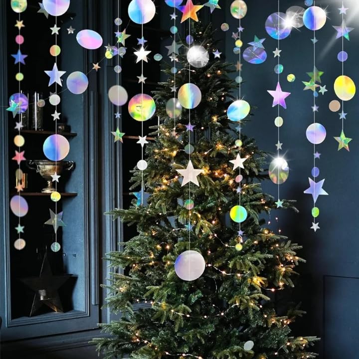 Image of Iridescent Party Star Circle Dot Decoration Iridescent Hanging Garland Streamer Decorations Glitter Star Bunting Banner Twinkle Backdrop for Engagement Wedding Baby Shower Birthday Xmas