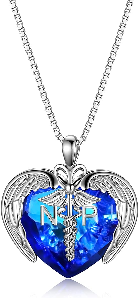 AOBOCO Sterling Silver Registered Nurse RN NP LPN Caduceus Pendant Necklace with Angel Heart Charm Made with Austrian Crystal, Nurse Nursing School Graduation Gifts for Women