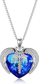 AOBOCO Sterling Silver Registered Nurse RN NP LPN Caduceus Pendant Necklace with Angel Heart Charm Made with Austrian Crystal, Nurse Nursing School Graduation Gifts for Women