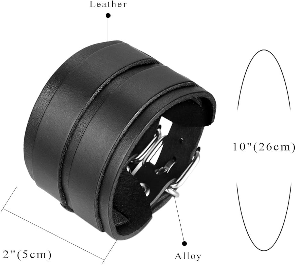 JewelryWe Men's Leather Bangle Cuff Bracelet Strap Wristband with Buckle Fastening Black (with Gift Bag), Black (1pc), 26 cm - Image 5