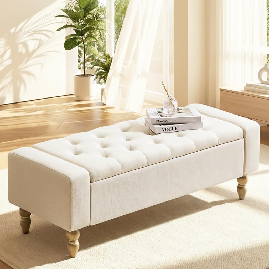 47 Inch Large Storage Ottoman Bench, Upholstered End of Bed Bench with Removable Lid, Diamond Tufted Seat, Wood Legs, Hidden Storage Organizer for Bedroom, Living Room, Entryway, Beige