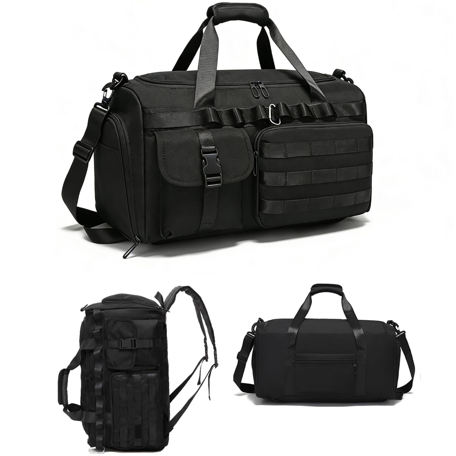 Military Tactical Gym Bag for Men and Women, 3 in 1 Sports Duffle Bag 40L with Wet & Shoe Compartment Backpack, Holdall Hospital Bags for Overnight Weekender Travel Swimming (Black)