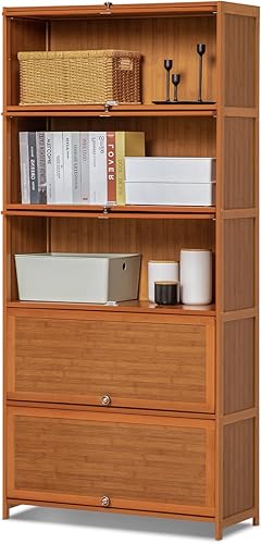 Magshion Estantería de almacenamiento de 5 niveles, unidades anchas de bambú con puertas abatibles, organizador independiente para el hogar u