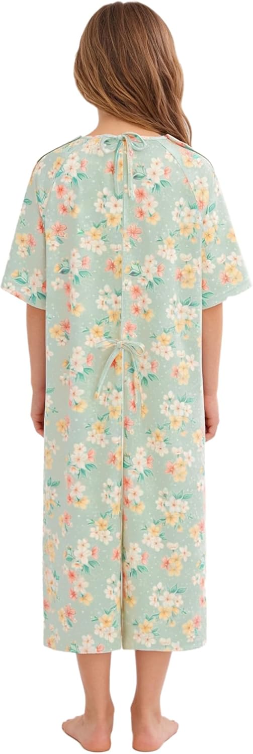 Linjinx Hospital Gowns for Kids Girls Short Sleeves Printed Medical Patient Gown Press Adaptive Clothing Nightgown