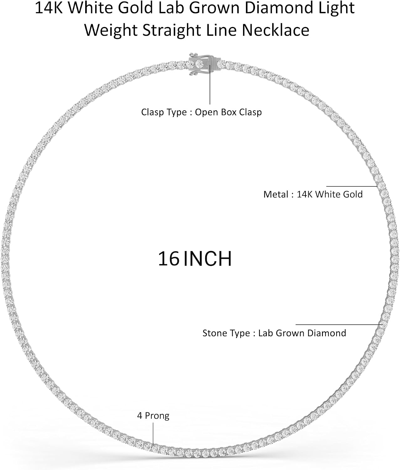 Diamond2Deal 14K White Gold Lab-Grown Diamond Tennis Straight Line Necklace 16 inch (10 Carat, E-F Color, VS1 Clarity)