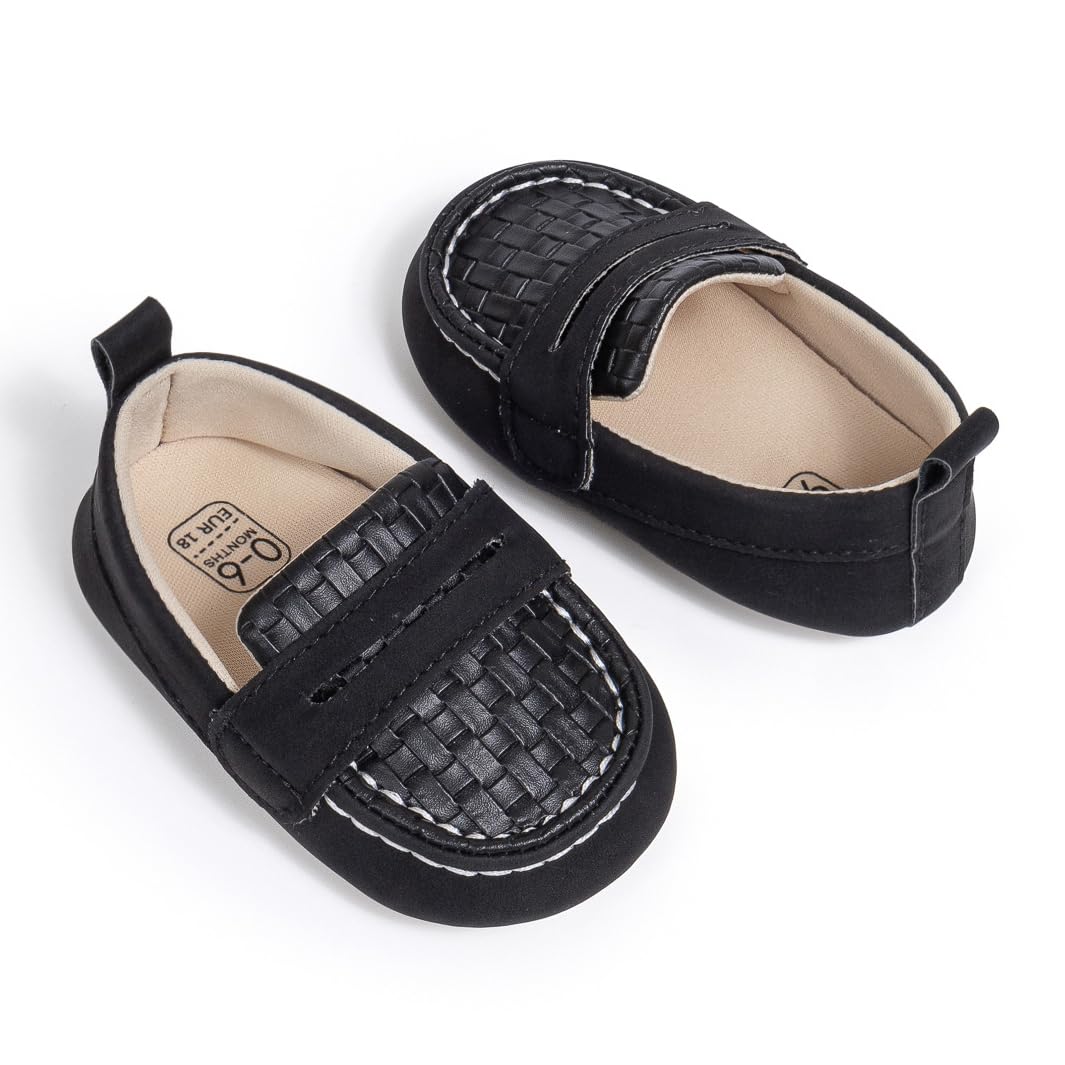 Moceen Infant Baby Moccasins for Boys and Girls, Non-Slip Rubber Sole PU Leather First Walking Shoes, Newborn Toddler Dress Loafers, 0-6 Months, Black M103