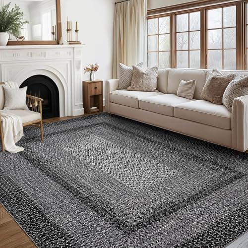 GAOMON Braided Rug 6x9 Washable Rug Boho Braided Print Accent Living Room Rugs Low Pile Non Slip Indoor Carpet Non-Shedding Aesthetic Foldable Rugs for Bedroom Farmhouse Office Nursery Charcoal