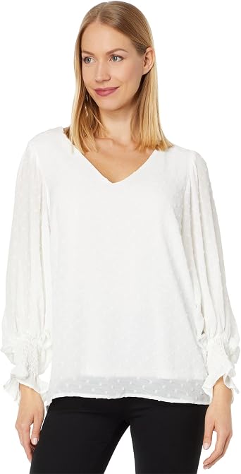 Vince Camuto Long Sleeve Smock Cuff Clip Dot V-Neck Blouse