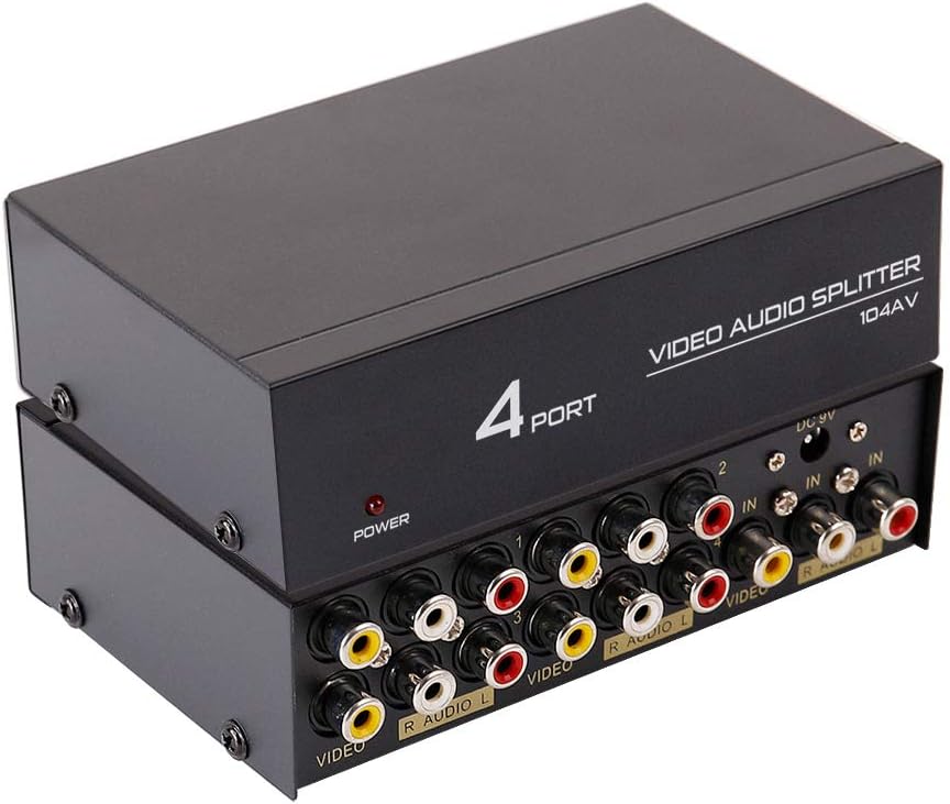 DTECH Powered 4 Way 3 RCA Splitter Box 1 in 4 Out Composite Video Audio Distribution Duplicator with Power Adapter Compatible with Gaming Console to TV Projector Video Capture Card