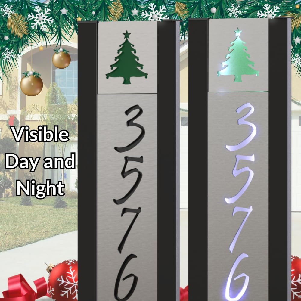 Metal Signs & Your Designs Custom Address Sign, Slide A Sign, Metal Address Sign with LED Lighting Kit, Stainless Steel Vertical Address Numbers, Includes Themed Graphic Tile and Personalized Address Tile, Address Plaque