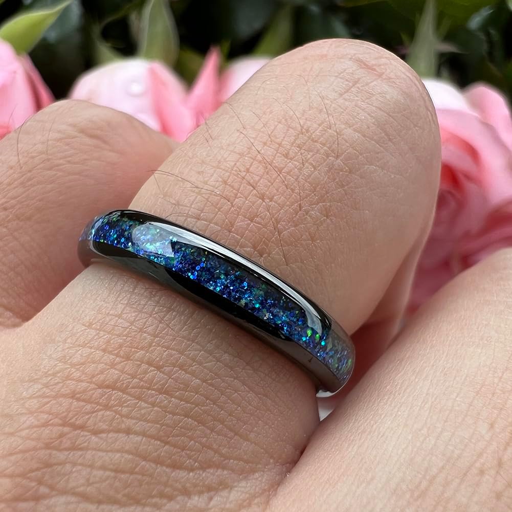 TUTISS 4mm Silver/Black Tungsten Rings for Women Men Engagement Wedding Bands Genuine Blue Green Galaxy Opal Inlay Domed Polished Comfort Fit