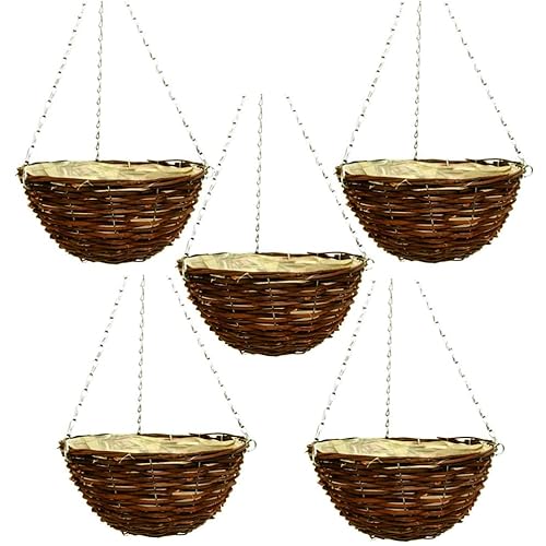 Fyne-Finds Brown Set Of 5, 36Cm 14Inch Dark Wicker Hanging Basket Lined Rattan Willow Planter With Liner Metal Chain