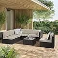 VITESSE Patio Furniture Sets All Weather Outdoor Sectional Sofa Manual Weaving Wicker Rattan Patio Conversation Set with Cushion and Glass Table (7 Pieces, Beige)