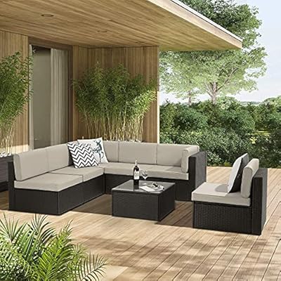 VITESSE Patio Furniture Sets All Weather Outdoor Sectional Sofa Manual Weaving Wicker Rattan Patio Conversation Set with Cushion and Glass Table (7 Pieces, Beige)