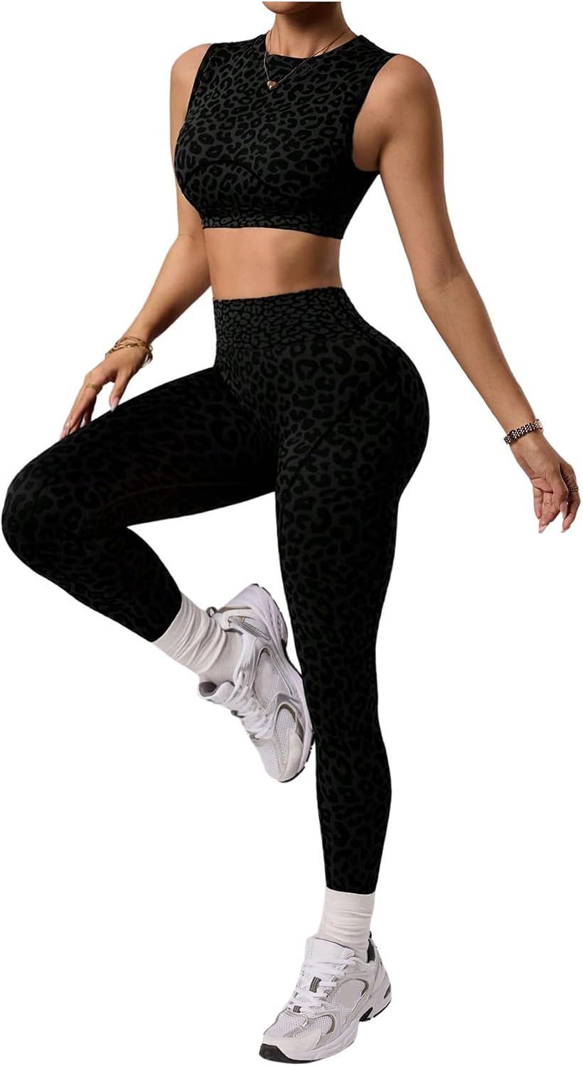 Milumia Women's 2 Piece Workout Sets Leopard Print Crop Tank Top High Waist Leggings Yoga Gym Outfits