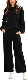 Women’s Two Piece Outfits Long Sleeve Crop Top Wide Leg Pants Knit Sweatsuit Loungewear Sweatsuit Set