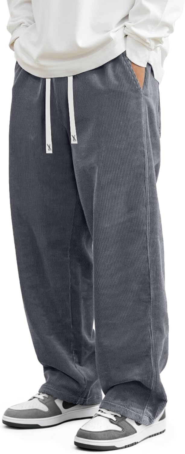 JMIERR Mens Corduroy Pants Casual Baggy Pants Wide Leg Loose Fit Joggers Sweatpants Elastic Waist Drawstring with Pockets