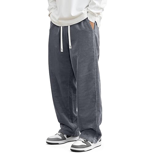 JMIERR Mens Corduroy Pants Casual Baggy Pants Wide Leg Loose Fit Joggers Sweatpants Elastic Waist Drawstring with Pockets