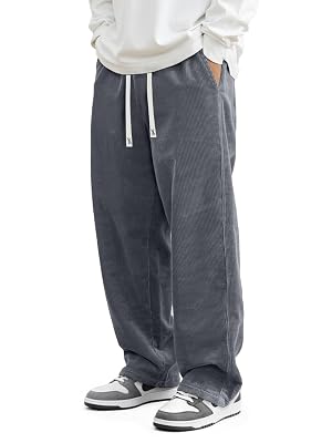 JMIERR Mens Corduroy Pants Casual Baggy Pants Wide Leg Loose Fit Joggers Sweatpants Elastic Waist Drawstring with Pockets