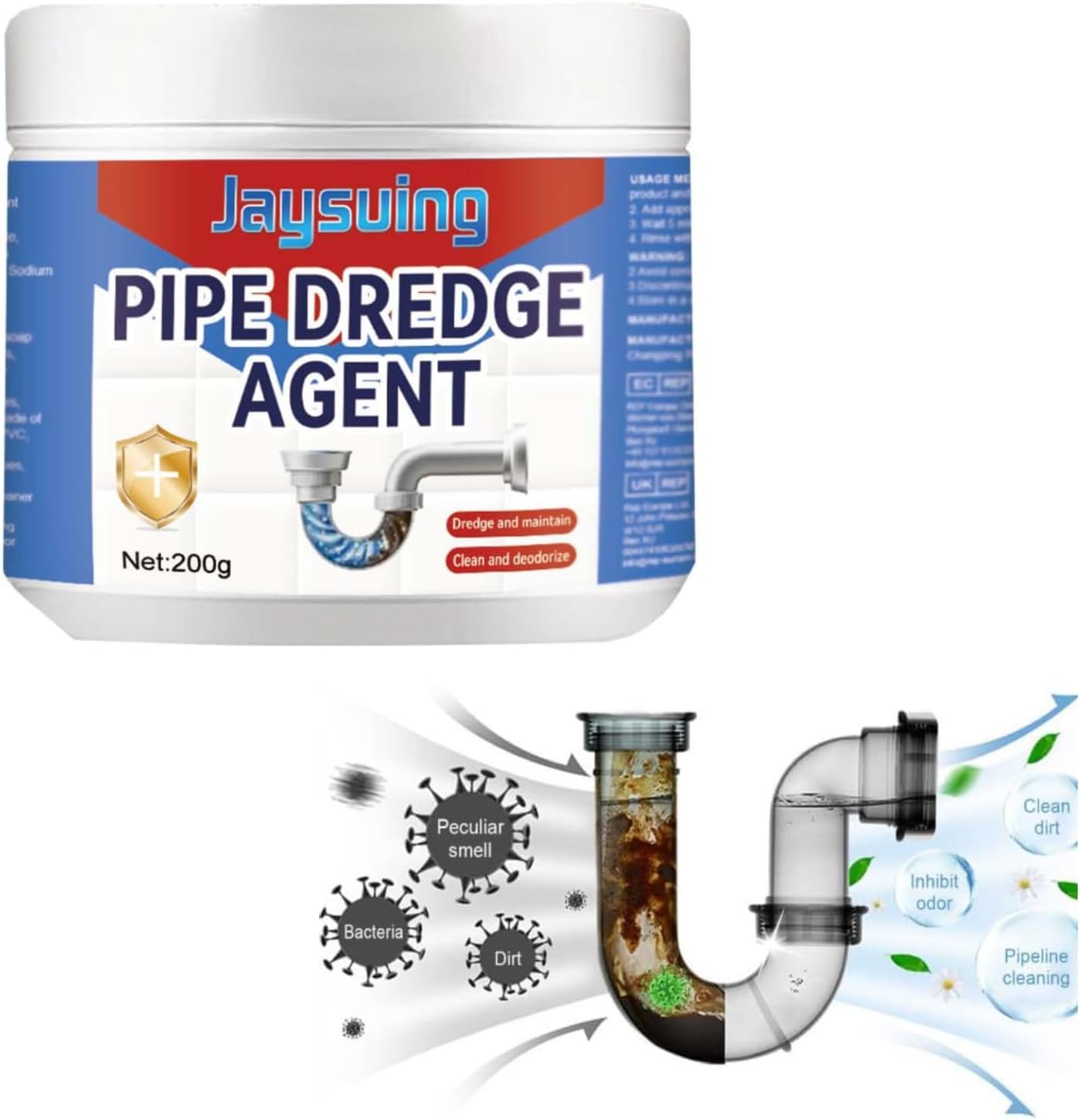 Pipe Dredge Agent, Bathroom Drain Cleaner, Powerful Pipe Excavator, Kitchen Sink Drain Cleaner, Home Sewer Toilet Kitchen Dredging Deodorant Clogged Channel Agent, Deep Cleaning & Quick Effect, 200g