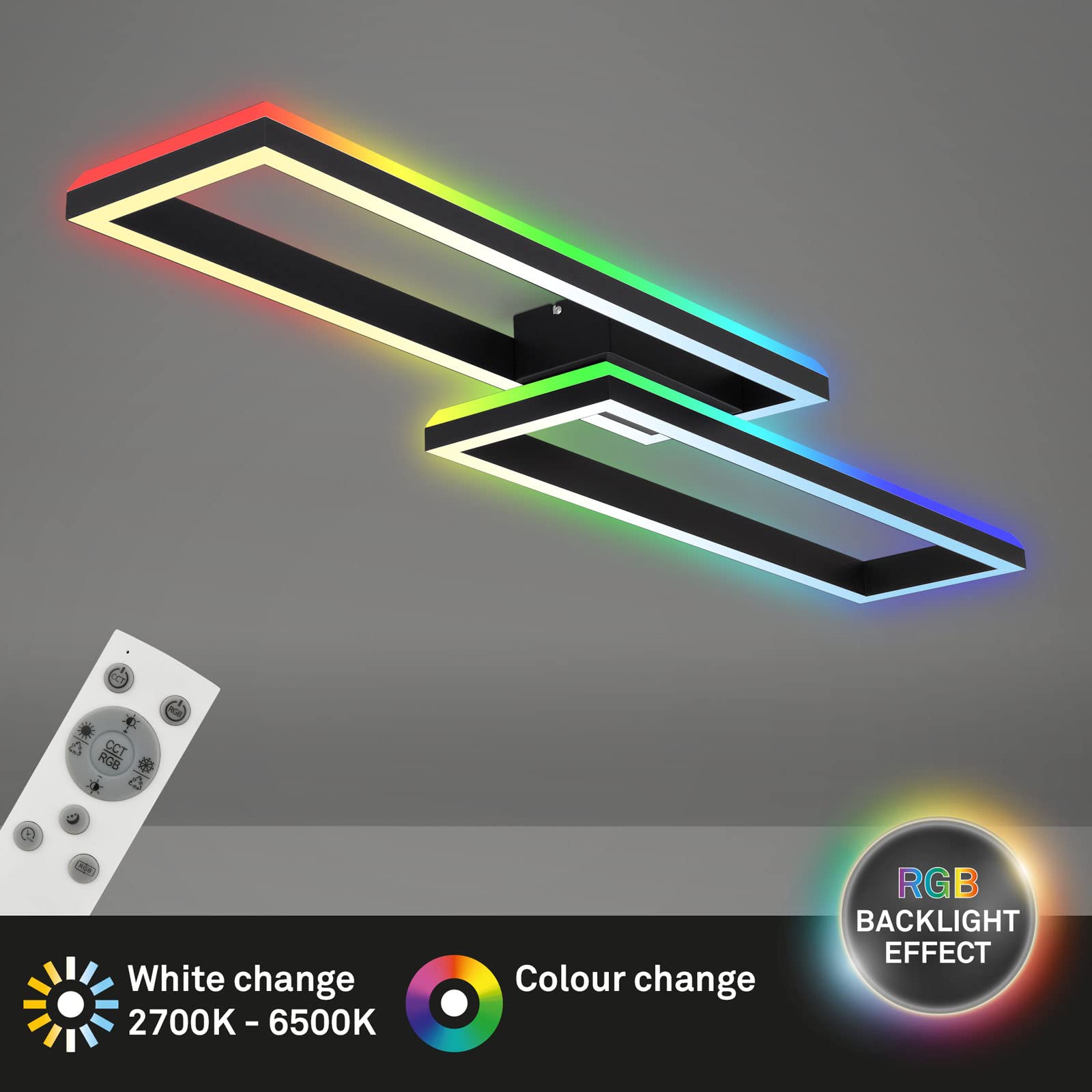Briloner Leuchten - Deckenlampe RGB, Backlight Deckenleuchte LED, Dimmbar, Farbtemperatur einstellbar, LED Frame RGB, Fernbedienung, Schwarz